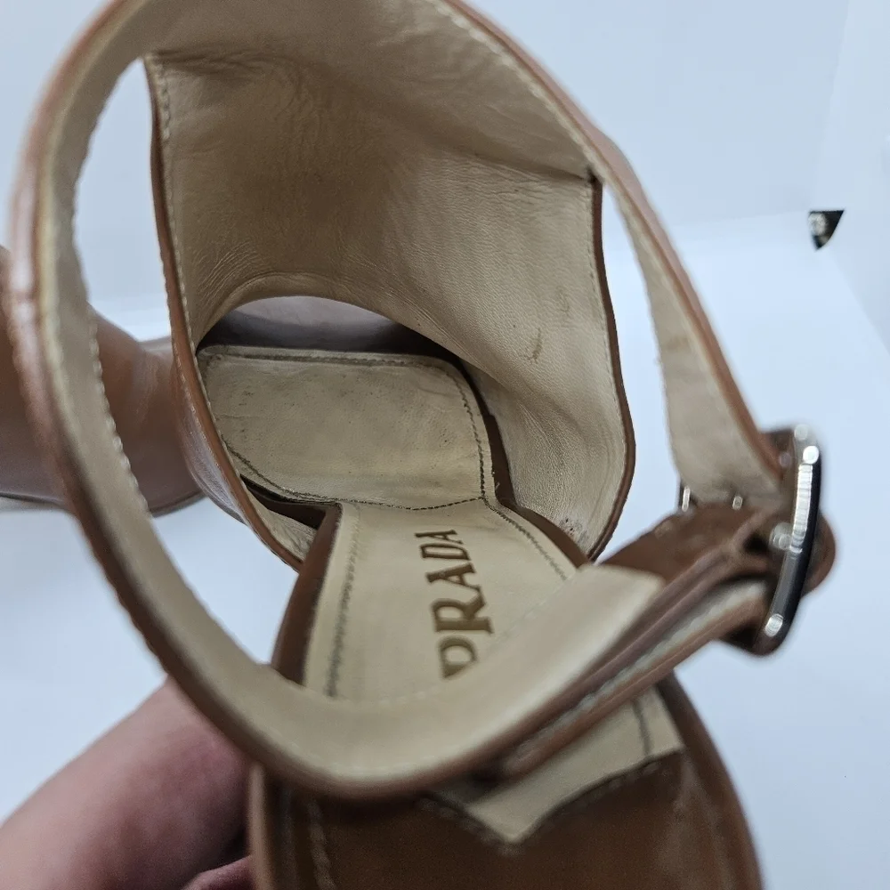 Prada brown leather peeptoe ankle wrap heel booties EU 38 - Picture 12 of 16